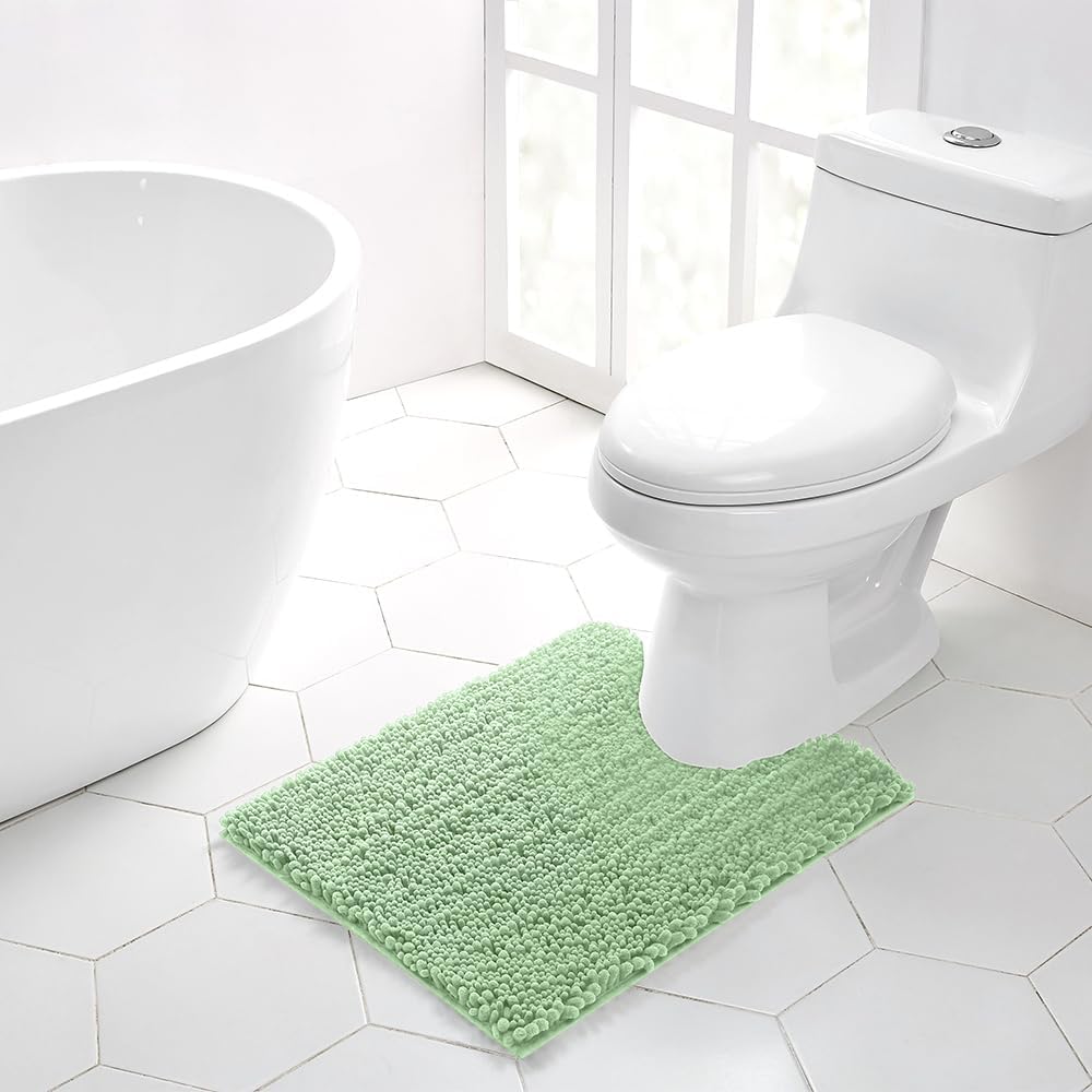Walensee Bathroom Contour Rug Non Slip Toilet U Shaped Bath Mat (20x24, Sage Green) Water Absorbent Super Soft Shaggy Chenille Machine Washable Dry Extra Thick Perfect Absorbant Best Plush Carpet