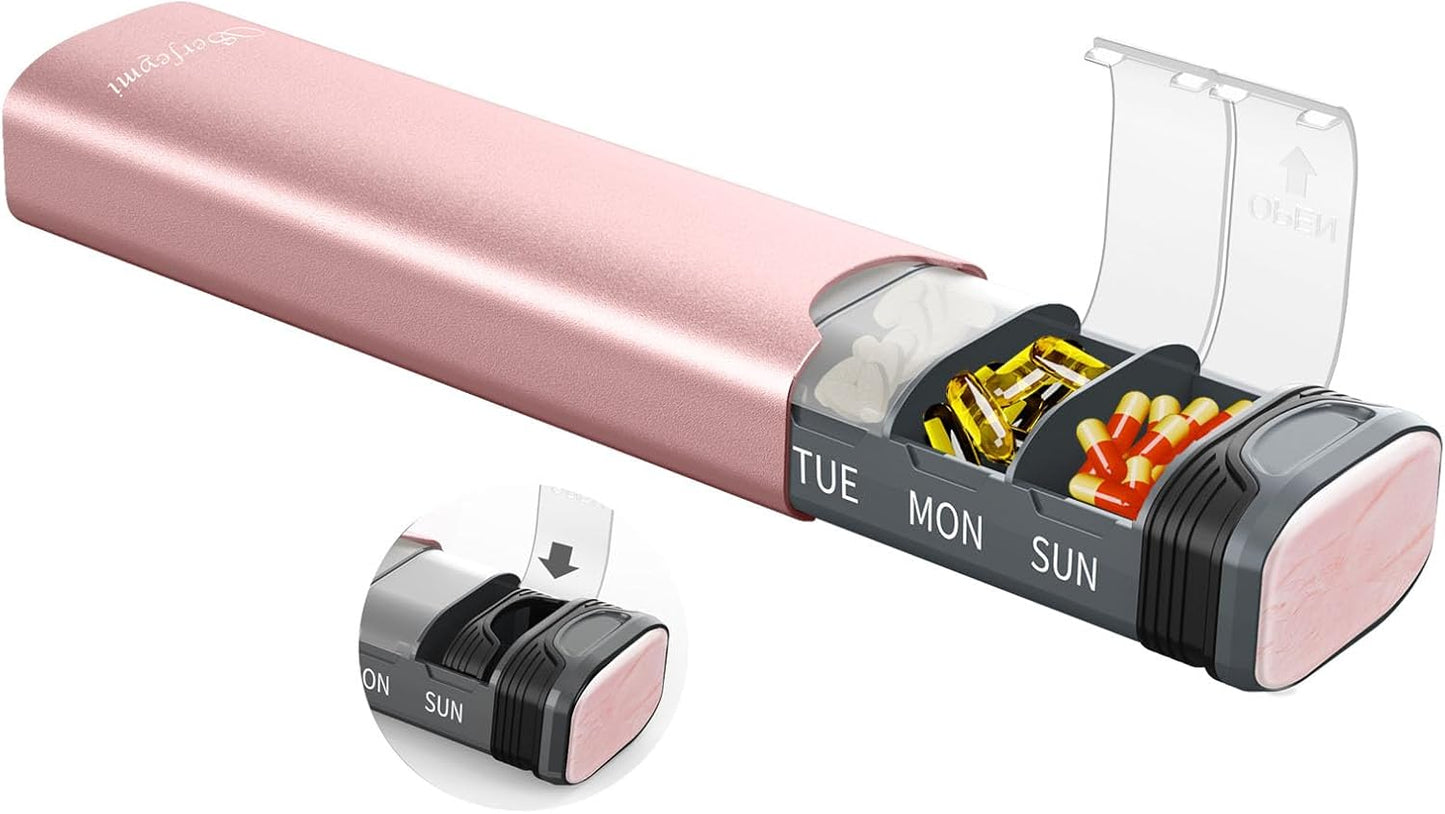 Metal Weekly Pill Organizer, Serfeymi Aluminum Daily Pill Box(Spare Gasket Provided),7 Day Pill Case Travel Medicine Organizer,Pill Containers with Individual Lid for Vitamins,Pills, Supplement-Pink