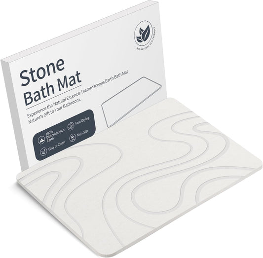 Stone Bath Mat Diatomaceous Earth Shower Mat Non-Slip Super Absorbent Diatomite Stone Mats for Bathroom Floor/Kitchen Counter Quick Drying Natural Easy to Clean(23.6''×15.4" White)