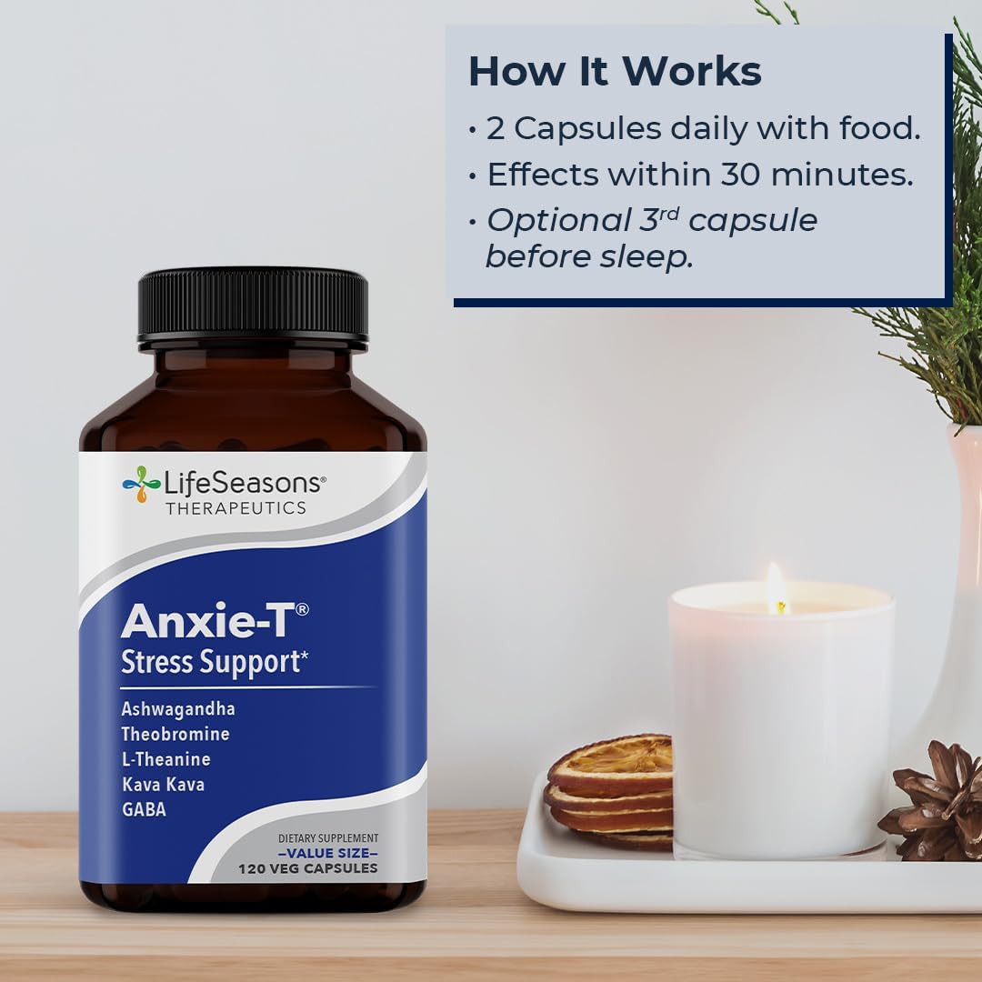 Anxie-T - Stress Relief Supplement - Supports Mood & Mental Focus - Feel Calm and Relaxed - Eases Tension & Nervousness - Ashwagandha, Kava Kava, GABA & L-Theanine - 120 Capsules