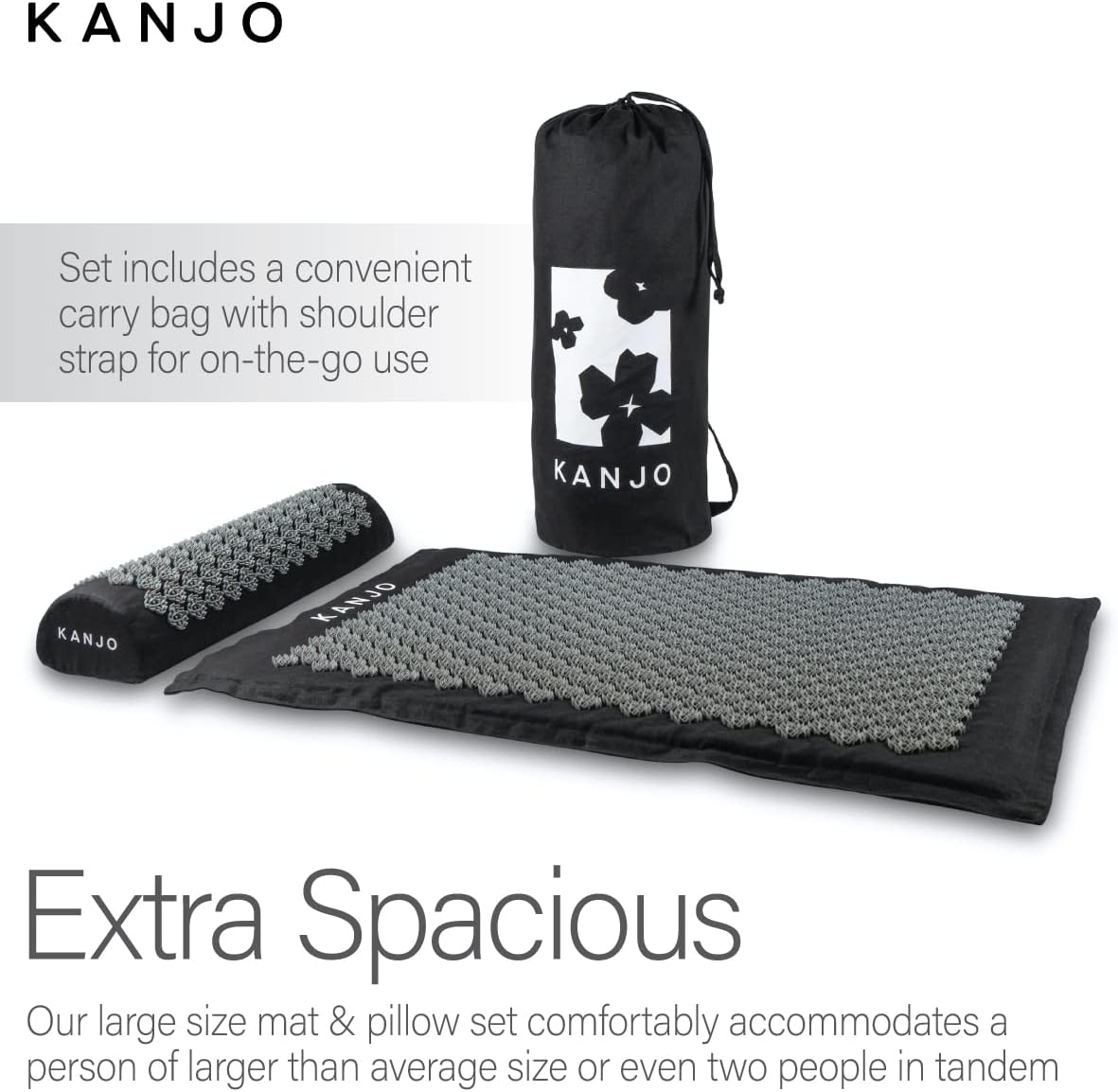 Kanjo Acupressure Mat and Pillow Set for Back Pain Relief & Neck Pain Relief, with Pressure Points for Muscle Pain Relief with Travel Bag - Black XL