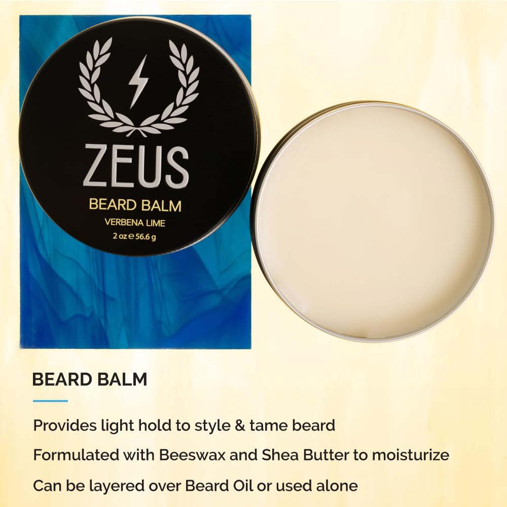 ZEUS Everyday Beard Kit for Men, Facial Hair Shampoo, Conditioner, Oil, Balm & Tin Gift Box, Premium Beard Care & Grooming Set (Made in USA) Vanilla Rum