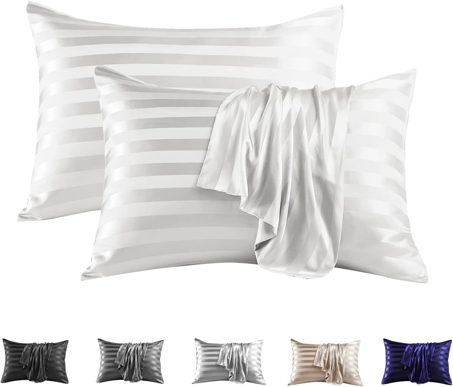 MR&HM Satin Pillowcase for Hair and Skin, Silk Satin Pillowcase 2 Pack, King Size Pillow Cases Set of 2, Silky Pillow Cover with Envelope Closure (20x36, Ivory Striped)