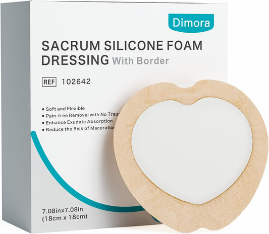 Dimora Sacrum Foam Wound Dressing (20 Packs)- Silicone Foam Bandages Adhesive Border 7"x7", Absorbent Sacral Pads Waterproof Breathable Bed Sore Pressure Dressing