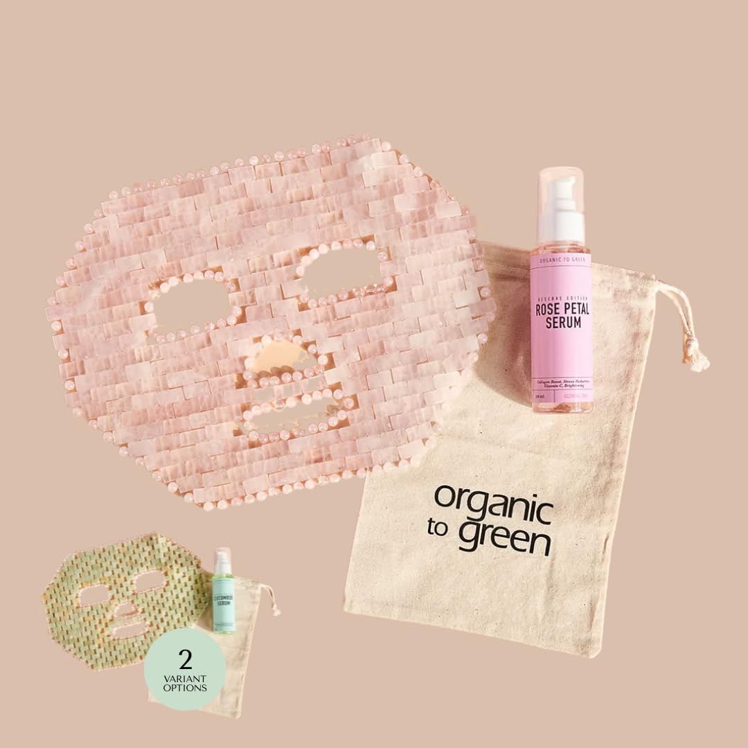 Organic To Green Crystal Rose Quartz Gem Facial,100% Natural Stone Facial Mask for Spa Skincare Beauty Tools for Puffy Eyes, Dark Circles, with Rose Petal Face Serum - Reusable