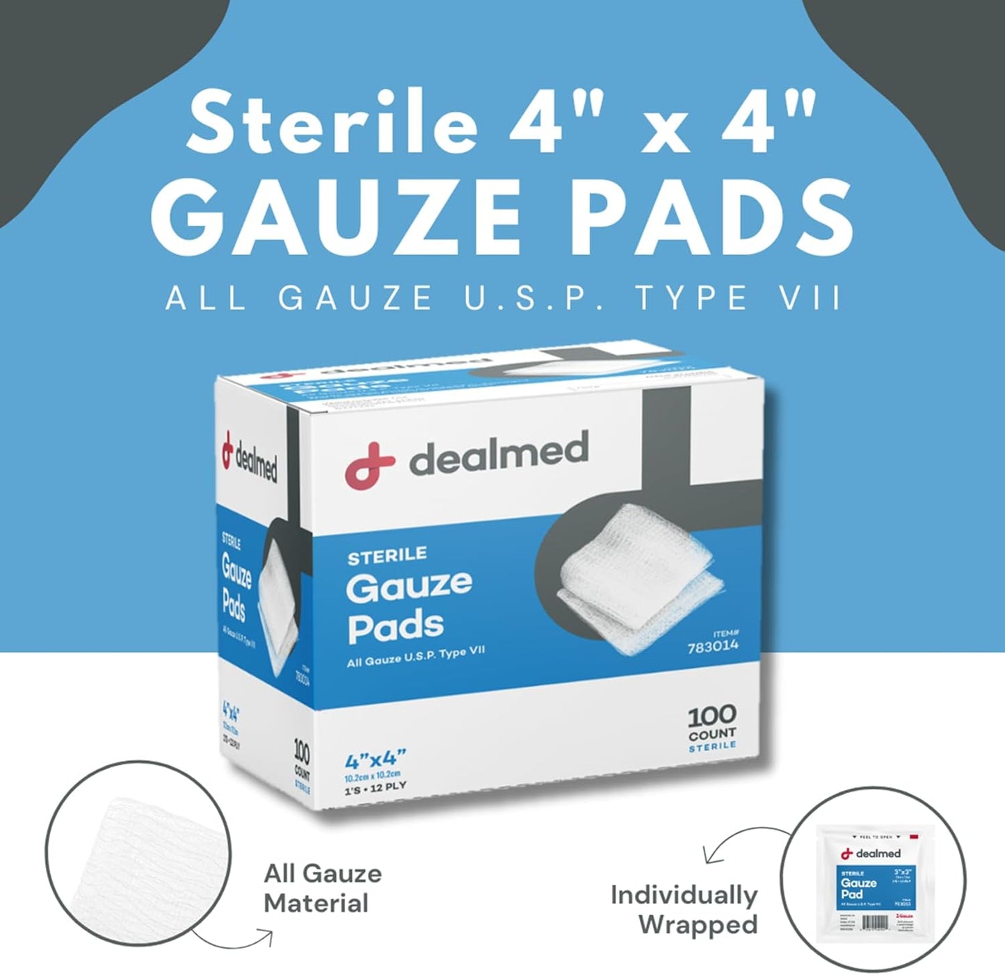 Dealmed 4’’ x 4’’ Sterile Gauze Pads (100 Count) Disposable and Individually Wrapped Medical Gauze Pads, Wound Care Product for First Aid Kit and Medical Facilities (Pack of 1)