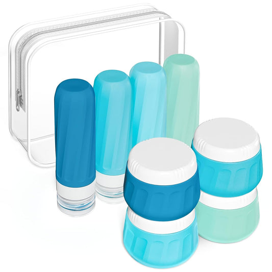 Travel Bottles for Toiletries 8 Pack, Travel Size Toiletries, Tsa Approved Travel Size Containers 3oz, with Travel Essentials Clear Bag, Leak Proof Silicone Squeezable Creams Jars