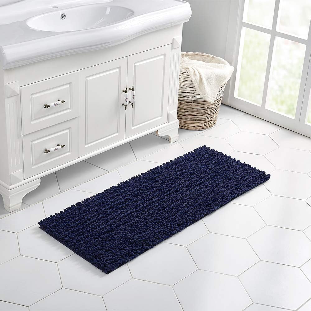 Walensee Bathroom Rug Non Slip Bath Mat (44x24 Inch Navy) Water Absorbent Super Soft Shaggy Chenille Machine Washable Dry Extra Thick Perfect Absorbant Best Large Plush Carpet for Shower Floor