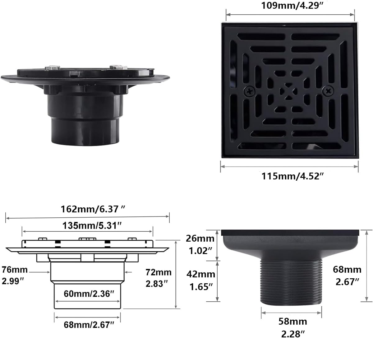 RANDOM 4 Inch Black Shower Drain Square with Adjustable PVC Base Flange,SUS304 Stainless Steel Matte Black Shower Floor Drain with Removable Cover Grid Grate