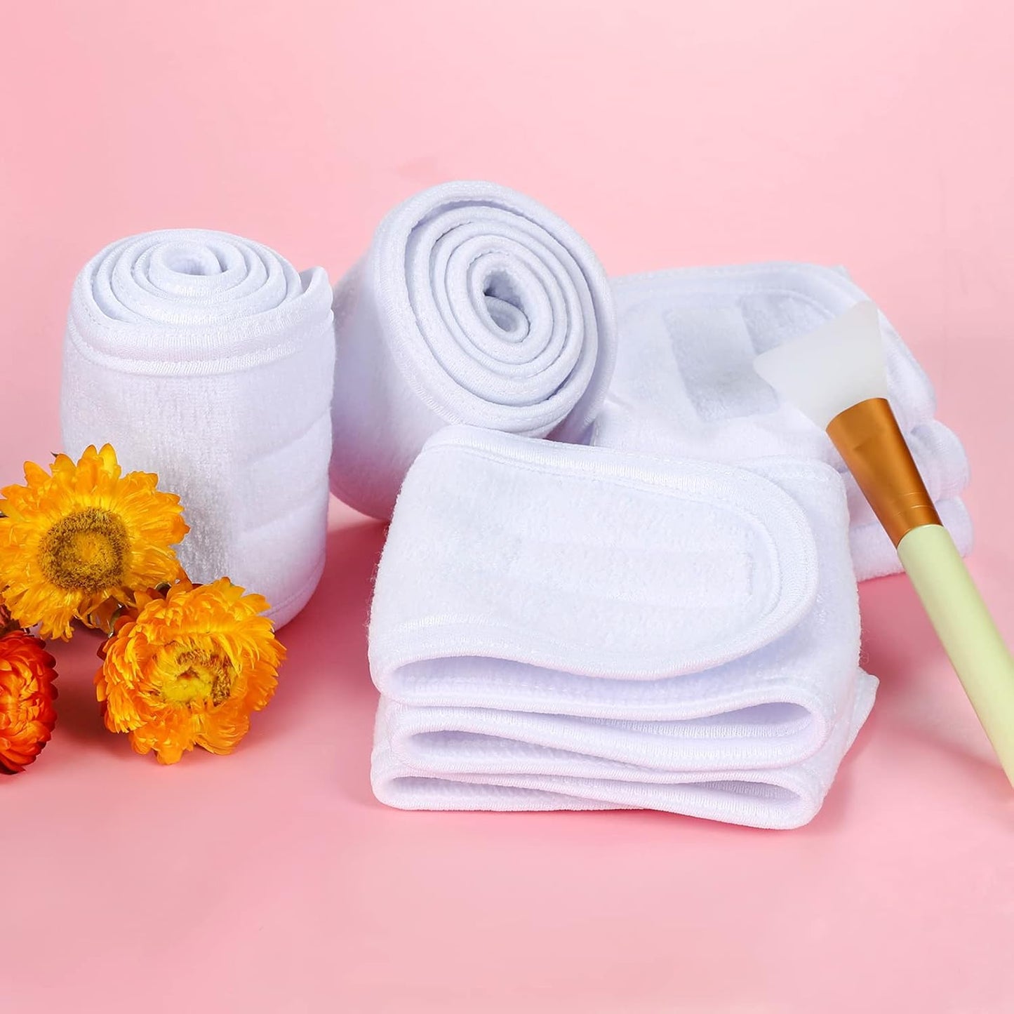 Facial Spa Headbands 4 PCS, Makeup Shower Bath Wrap Sport Headband Terry Cloth Stretch Towel with Magic Tape (White)