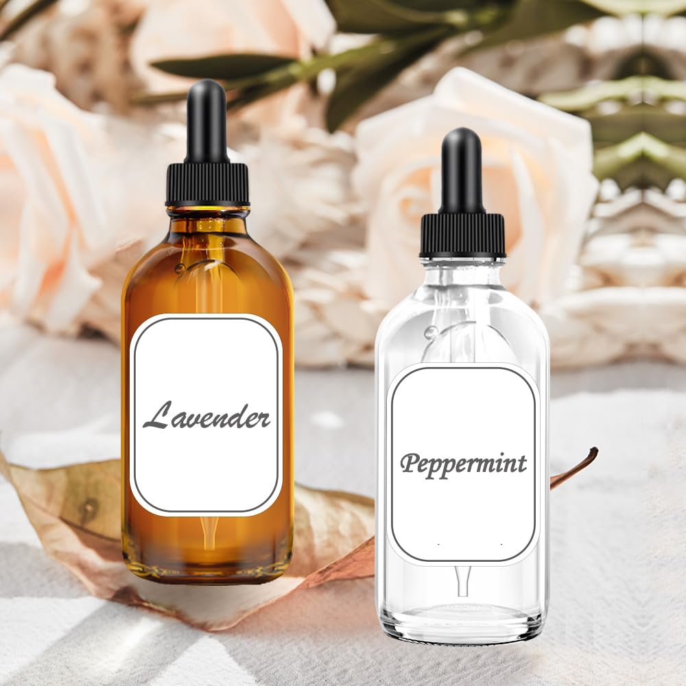 Bumobum Amber Dropper Bottles, 4oz Glass Bottle with Dropper for Essential Oils with Funnel, Labels & Pipette, 2-Pack Tincture Bottles with Dropper(Unbreakable Plastic Eye Dropper)