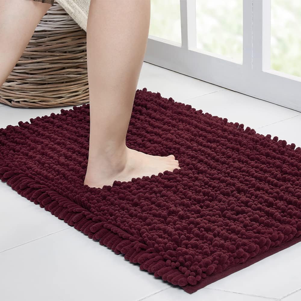 Walensee Large Bathroom Rug Non Slip Bath Mat (24x60 Inch Burgundy) Water Absorbent Super Soft Shaggy Chenille Machine Washable Dry Extra Thick Perfect Absorbant Best Plush Carpet for Shower Floor