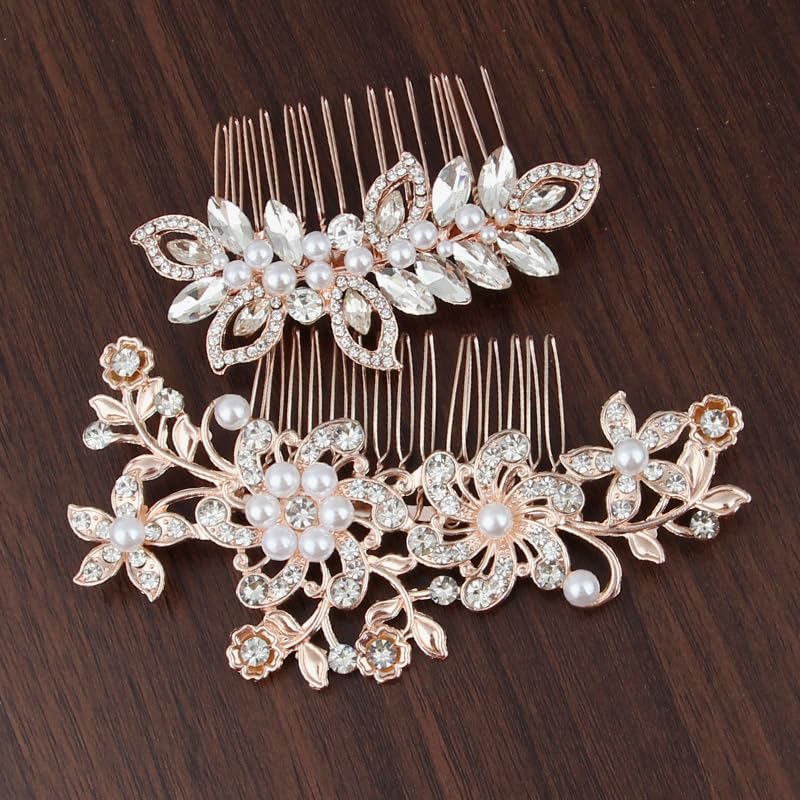 2pcs rose gold wedding hair comb set, crystal pearl floral design, bride hair accessories for ladies