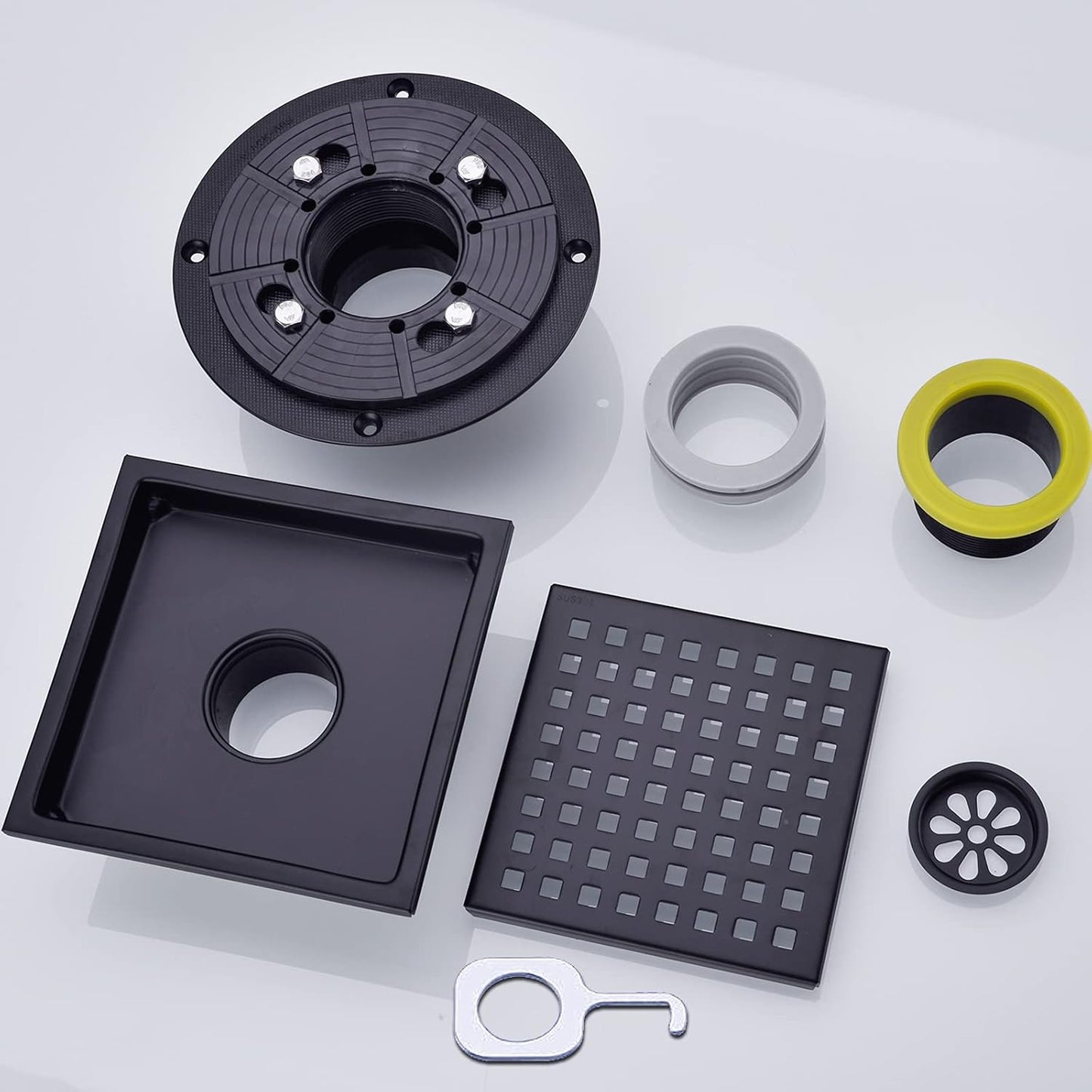 RANDOM Square Shower Drain 6 Inch Matte Black Stainless Steel Shower Floor Drain Kit with Adjustable PVC Base Flange, Removable Grid Grate, Hair Strainer