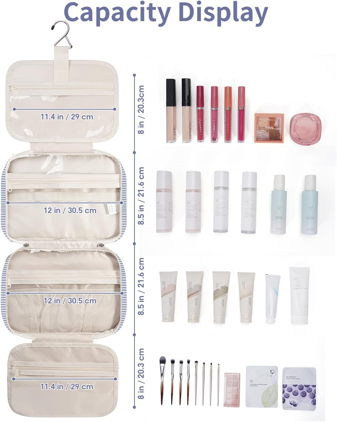 Narwey Striped Travel Toiletry Bag for Women Large Hanging Makeup Bag Organizer Toiletries Bag for Full Size Essentials Accessories Cosmetics (Greyish Blue Stripe (Large))