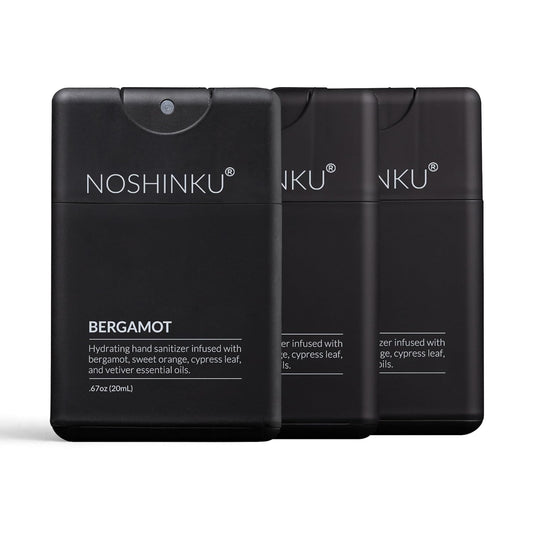 Noshinku - Refillable Hand Sanitizer Bergamot 3-Pack, Travel Size Spray with Hydrating Botanical Oils, Natural Ingredients, All Natural Fragrances, Sugarcane Derived Alcohol, No Parabens, No Dyes
