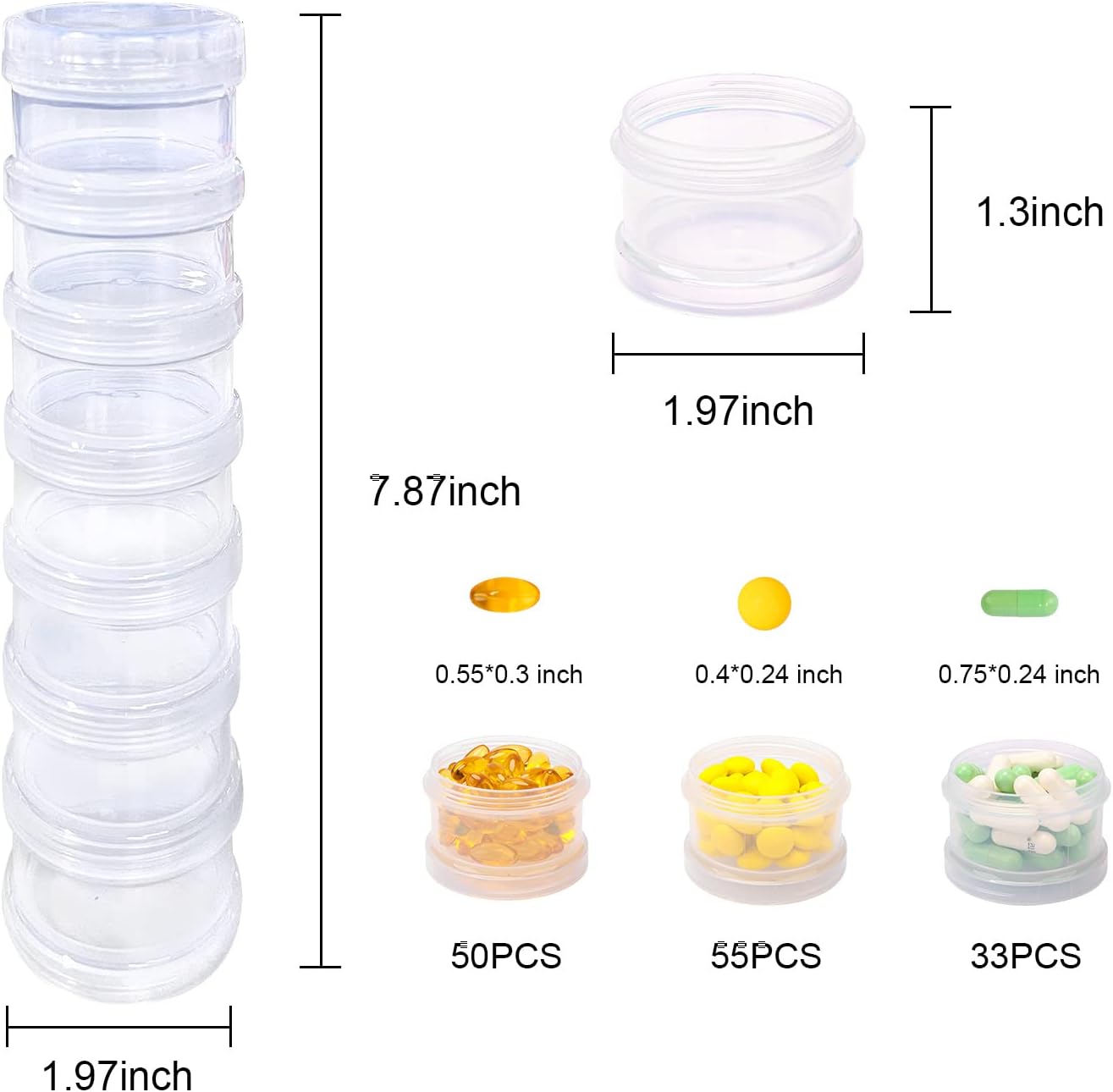 2 Pack 7 Day Pill Organizer Case Stackable Weekly Supplements Vitamins Pills Holder Dispenser Large Translucent Clear with Extra Lid