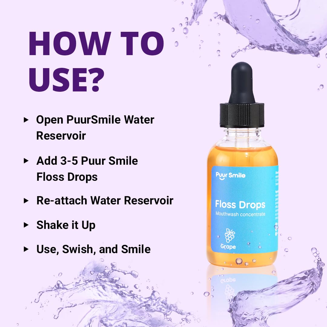 Concentrated Floss Drop Serum – 2oz Concentrated Mouth Wash to Use in Water Flosser | Natural Essentials Promotes Good Breath | Organic Drop Provides Good Oral Health (Grape Flavor)