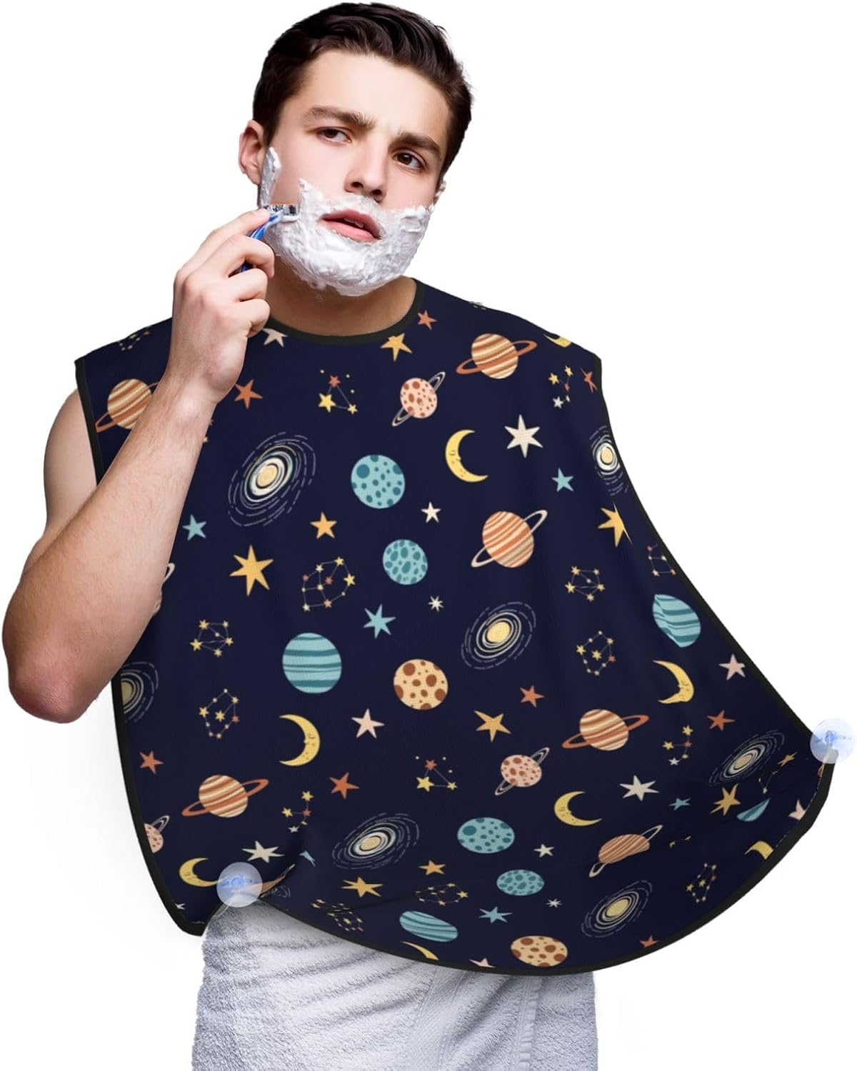 Non-Stick Beard Bib for Shaving, Space Galaxy Zodiac Star Planet Constellation Shave Bib, Waterproof Hair Catcher with Suction Cups, Grooming Apron Men Husband