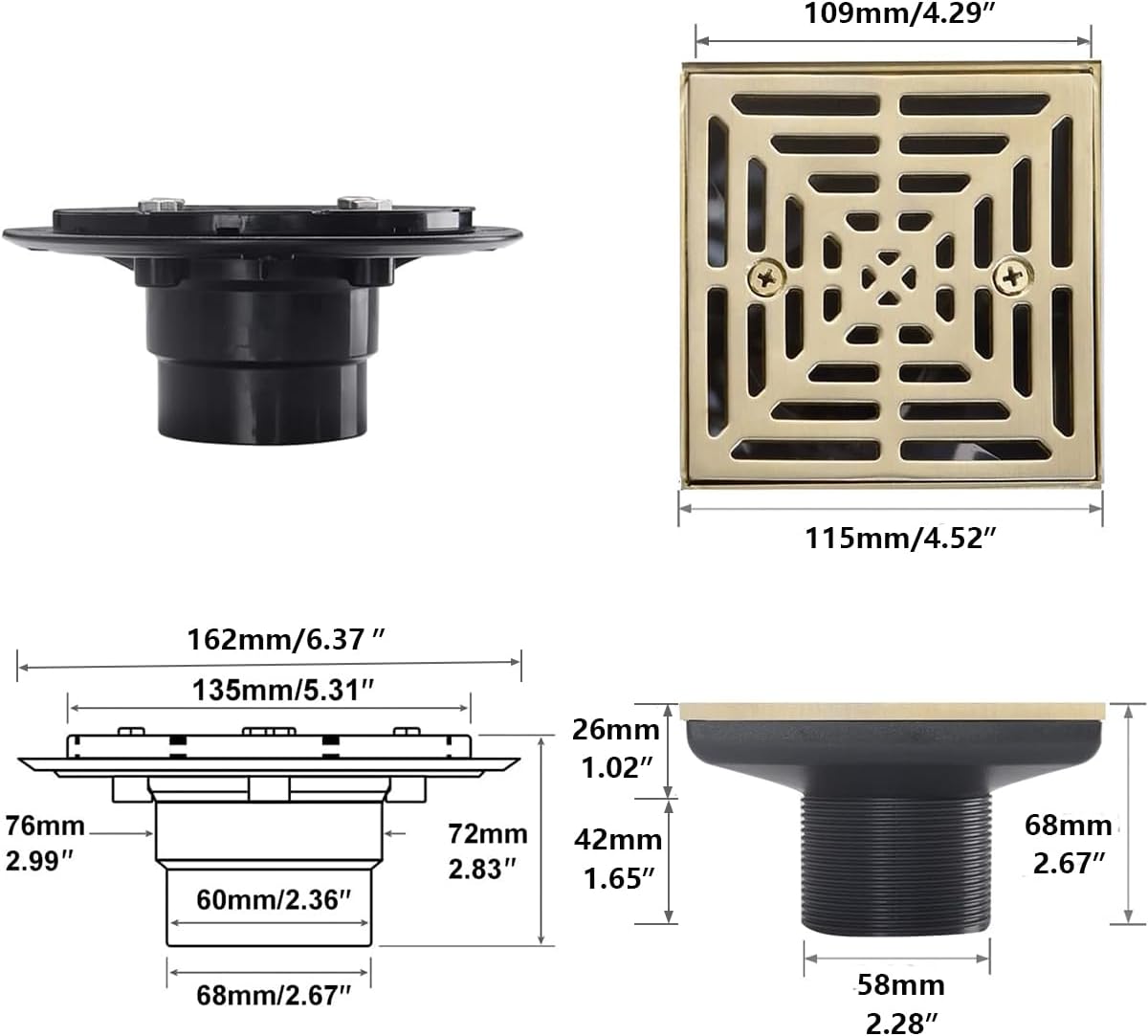 RANDOM Brushed Gold Shower Drain 4 inch Square Shower Drain with Adjustable PVC Base Flange,SUS304 Stainless Steel Shower Floor Drain with Removable Cover Grid Grate