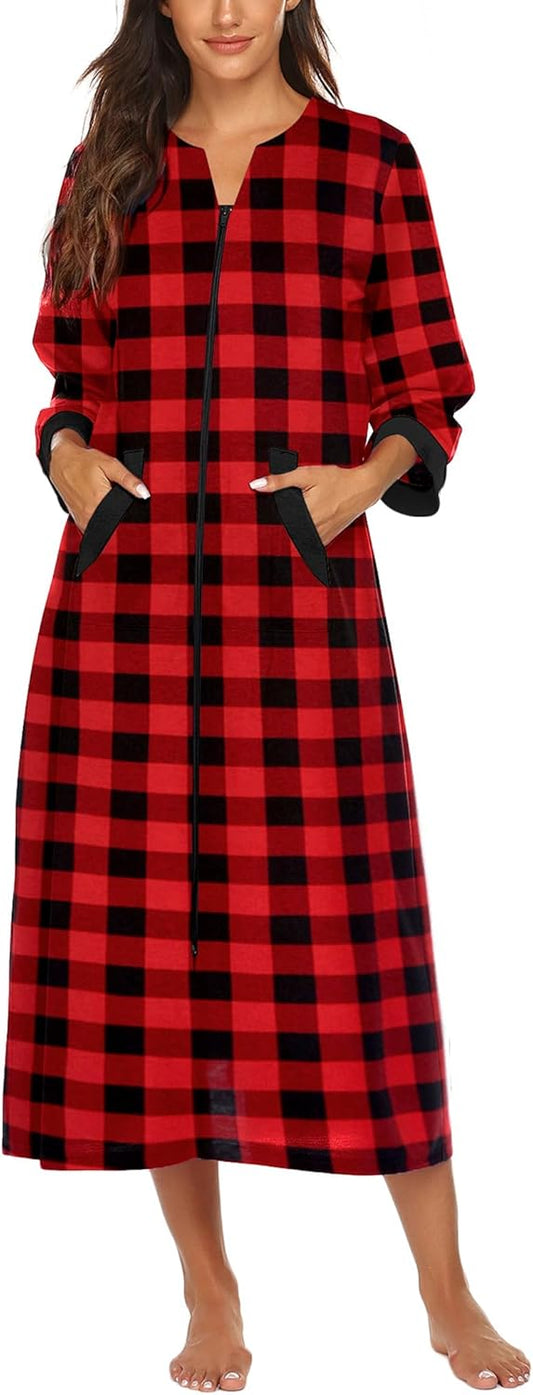 Ekouaer Women Zipper Robe 3/4 Sleeves Loungewear Dress Full Length Sleepwear Pockets Housecoat Nightgown Long Bathrobe
