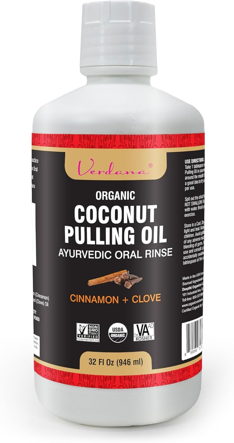 Verdana Organic Oil Pulling Mouthwash – 32 oz Cinnamon & Clove – USDA Organic Coconut Oil Rinse for Teeth & Gums – Alcohol-Free, Fluoride-Free Natural Mouthwash for Fresh Breath & Gum Health