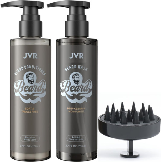 JVR Beard Wash and Beard Conditioner for Men, Beard Shampoo Cleanse and Reduces Frizz, Soften & Strengthens, Organic with Coconut, Aloe, Provides Shine for Dry & Coarse Beards, Beard Care (6.7oz)