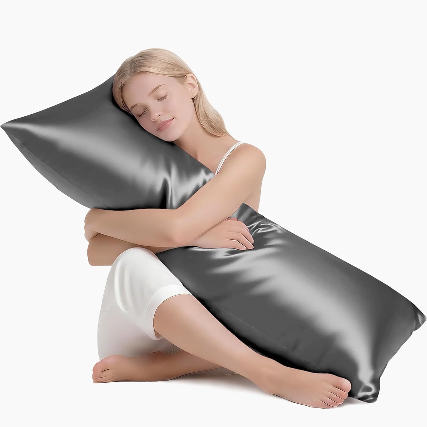MR&HM Satin Body Pillow Cover, Soft and Breathable Body Pillow Case with Envelope Closure, Cooling and Silky Long Pillowcase for Hair and Skin,Grey (20x54, Dark Grey)