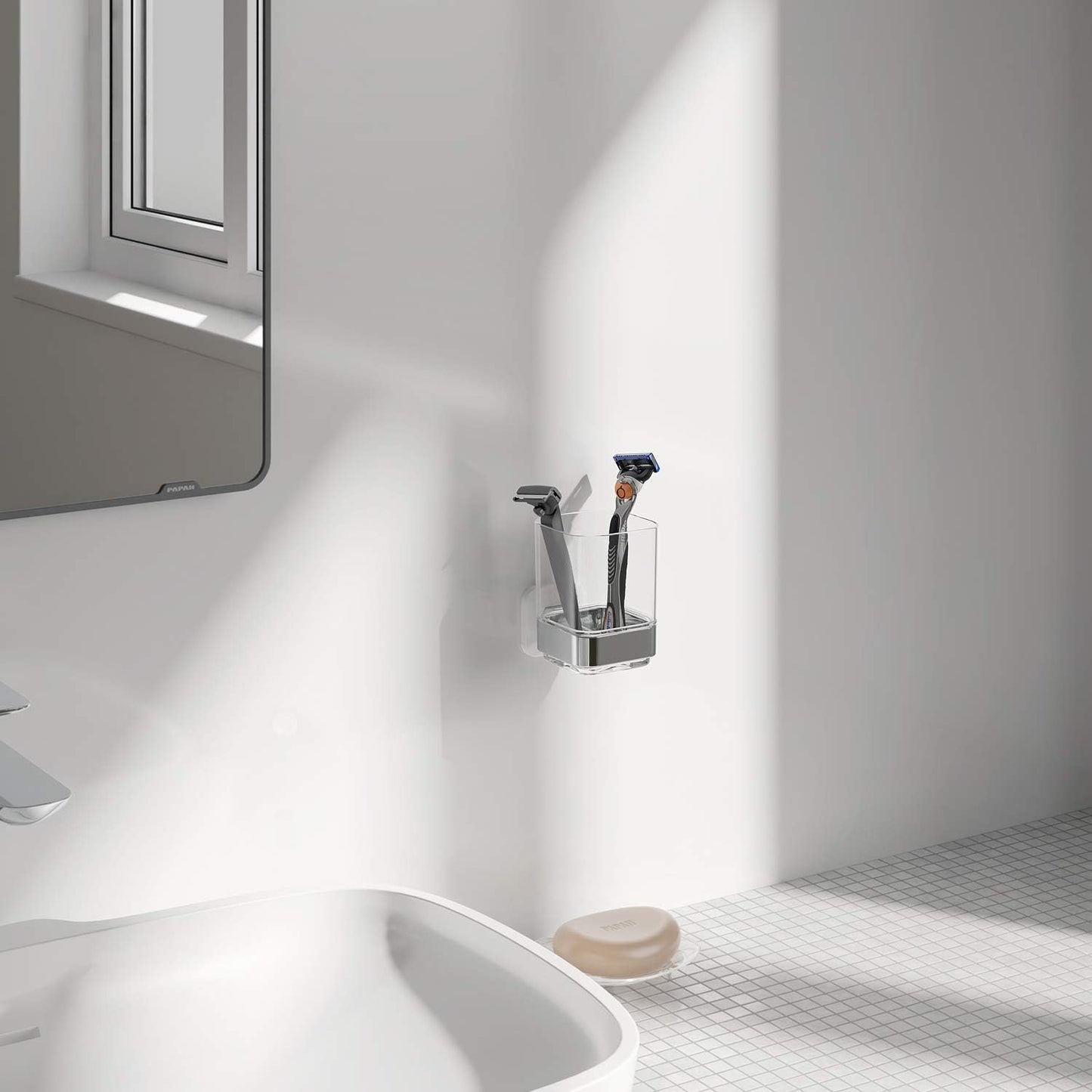 Wall-Mounted Tumbler and Toothbrush Holder, Wall Mounted Adhesive Hanging Electric Toothbrush Organizer Stand for Bathroom, No Drilling Required (White+Chrome, 3.93"X3.93"X2.97")