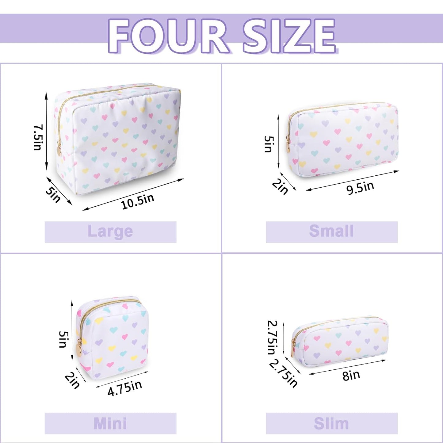 Large Makeup Bag Pouch, Nylon Women Travel Toiletry Storage Bag Big Makeup Organizer Bag for Girls, Preppy Cosmetic Bag Cute Zipper Pouch Skincare Bag for Sport School Work Gift(Large-White Heart)