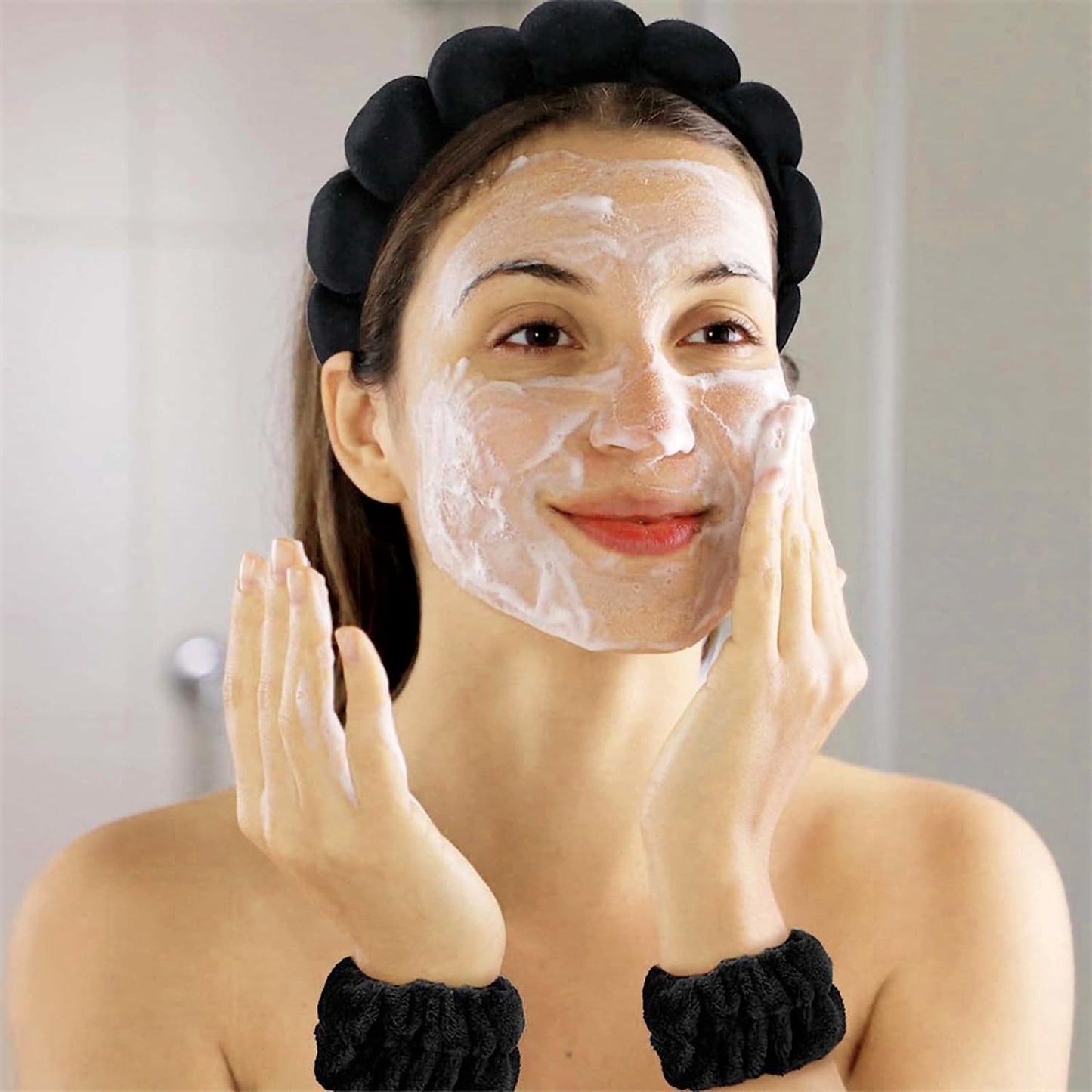 Spa Headband and Wristband Set for Women,Terry Cloth Sponge Headband for Washing Face,Makeup,Facial Mask and Skincare (Black,Blue, One Size)