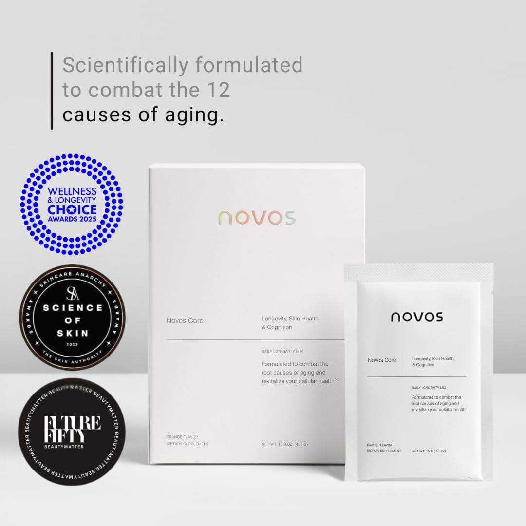 NOVOS Core Longevity Mix, Anti-Aging Supplement, Drink Powder Packet Unflavored - Skin Support, Energy, Mood Support, Sleep and Cognition Support - 30 Servings