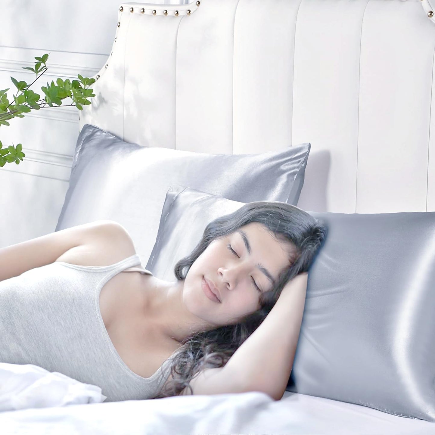 Satin Silk Pillowcase for Hair and Skin, Black Pillow Cases Standard Size Set of 4 Pack Super Soft Pillow Case with Zipper Closure (Silver, Queen(4 Pack))