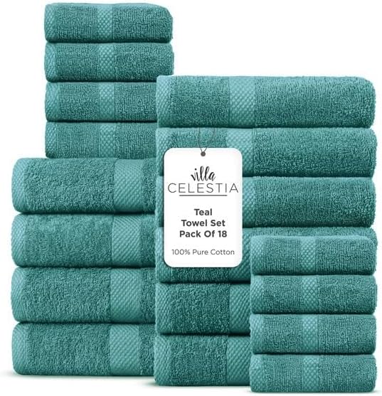 100% Cotton Bath Towel Set of 18-4 Bath Towels, 6 Hand Towels, 8 Wash Cloths, Sustainable, Soft, Highly Absorbent, Combed Cotton 18 Piece Set for Hotels, Spa, Bathroom, Dorm, Teal