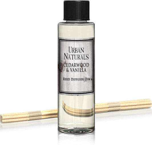 Urban Naturals Reed Diffuser Oil Refill, Cedarwood Vanilla Fragrance Oil with Oak, Cedar, Vanilla, 4 oz + Free Reed Sticks, Made in The USA