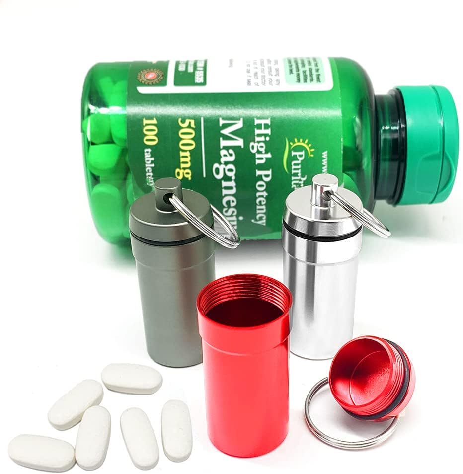 3 Packs Waterproof Aluminum Pill Fob Container, EFFIET Nitro Bottle Holder Nitroglycerin Pill Case Emergency Keychain Pill Holder for Medicine Organizer Dispenser (Silver-Matt-Red)