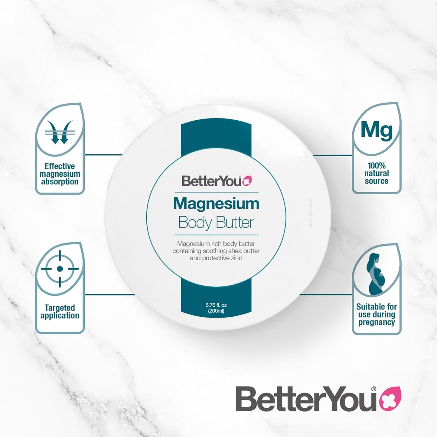 BetterYou Magnesium Body Butter - Dry Skin Moisturizer - Leaves Skin Smooth And Soft - With Shea Butter, Magnesium Chloride And Zinc - 6.76 oz