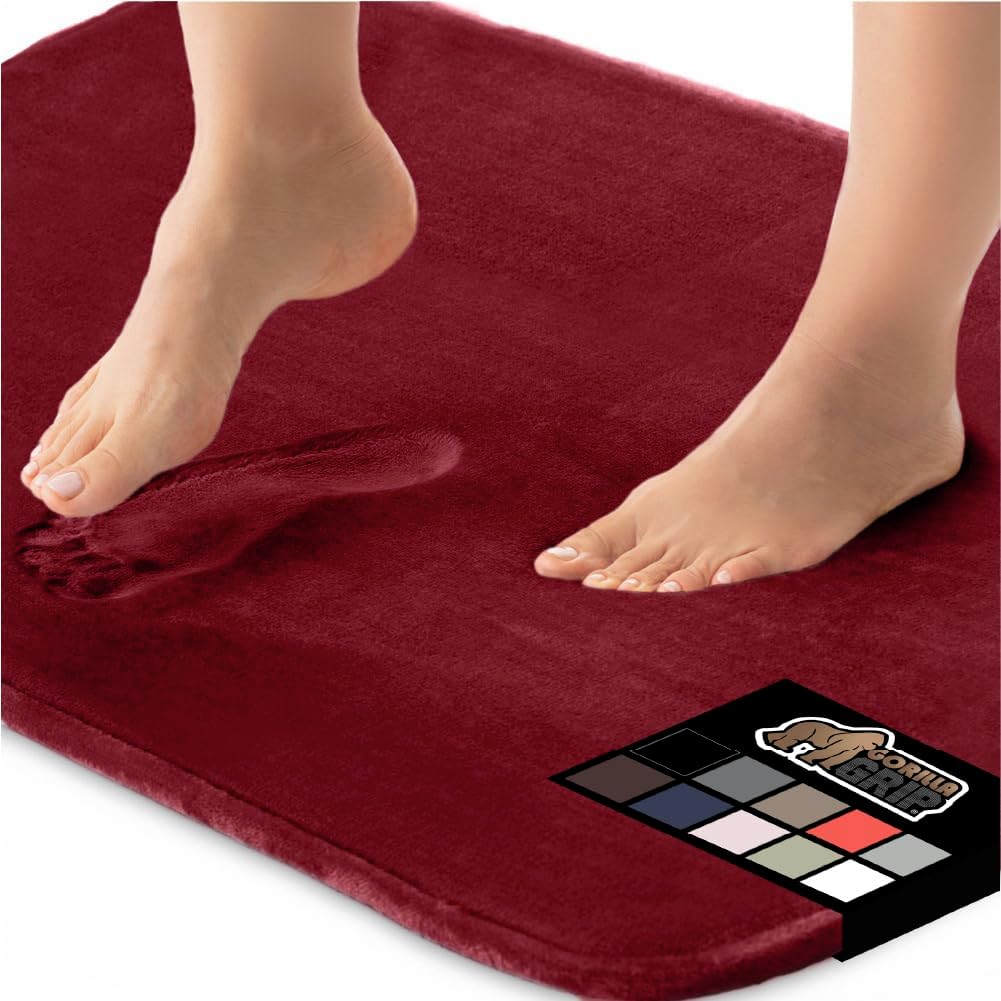 GORILLA GRIP Memory Foam Bath Mat, Soft Absorbent Velvet Bathroom Mats, Durable Dots on Underside, Machine Washable Bathmat, Carpet Rug Room Decor for Shower Tub Floor RV, 24x17 Rugs, Burgundy