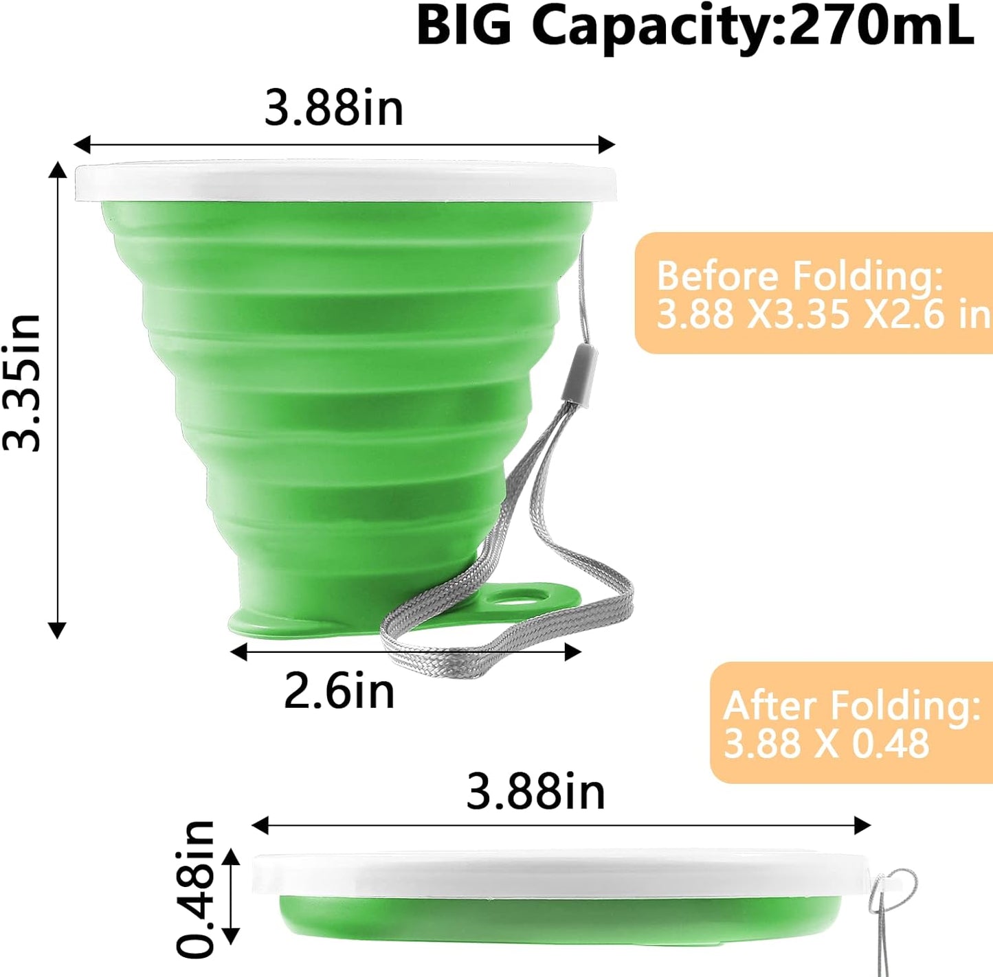 Litoexpe 2 Pack Silicone Collapsible Travel Cup Portable Folding Camping Cup Sets with Lids, Grey & Green