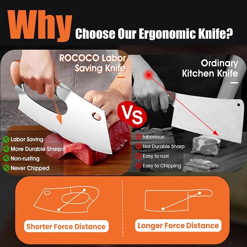ROCOCO Meat Cleaver Knife Unique Effort Saving Kitchen Knife Professional Stainless Steel Chef Cooking Knives for Cutting Meat Vegetable Father Mother Christmas Gift Red