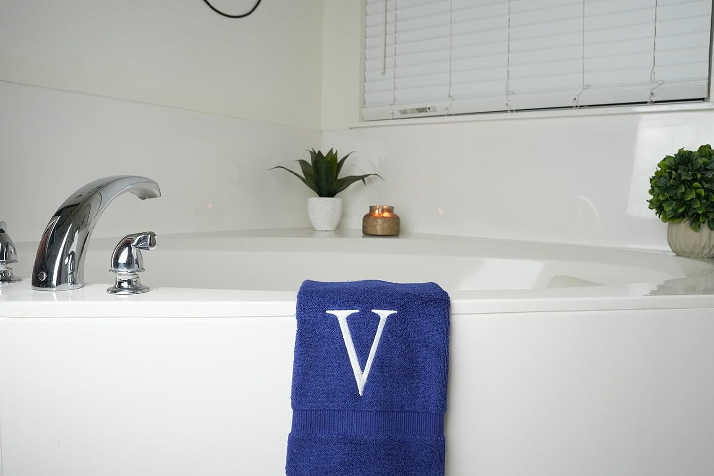 Navy Initial Hand Towel for Bathroom - Monogrammed Luxury Hotel Quality Decorative Embroidered Towel for Powder Room, Spa - GOTS Organic Certified - Set of 2 Letter V