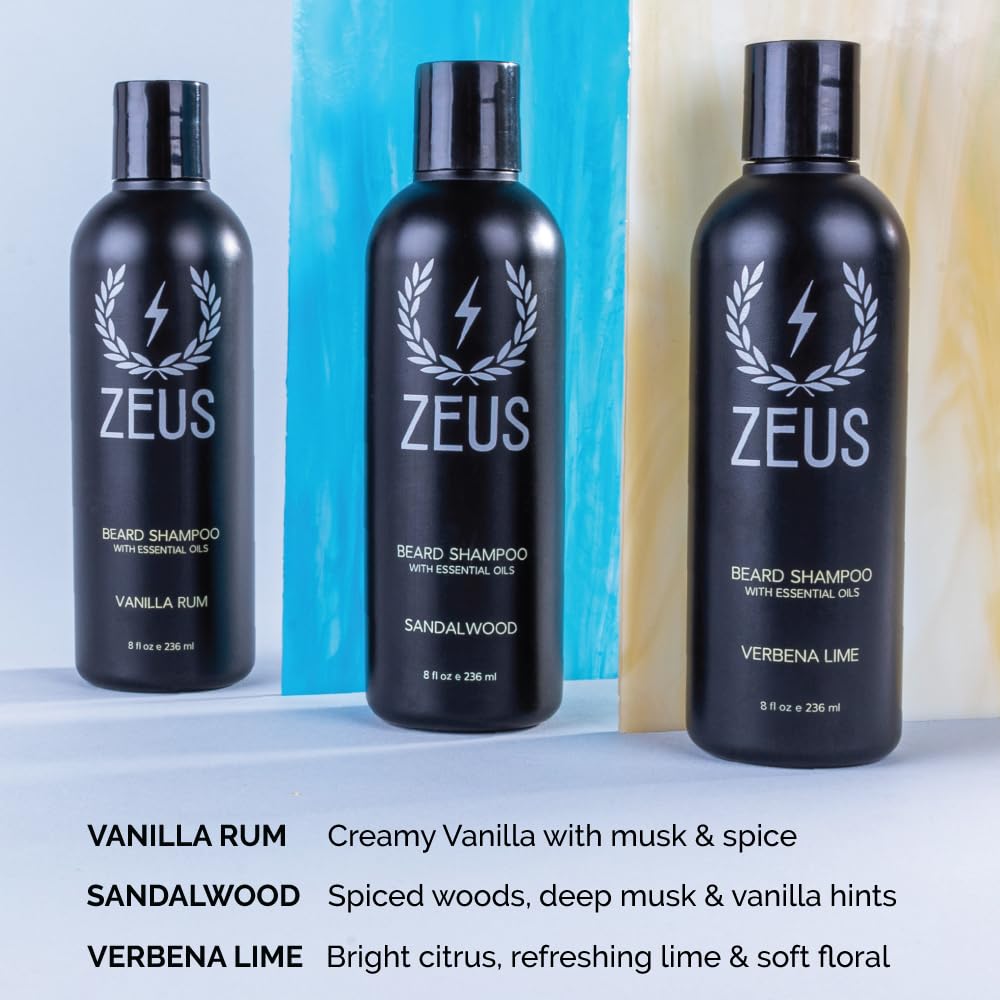 ZEUS Beard Shampoo Wash, Infused with Green Tea & Natural Ingredients to Cleanse and Soften Beard – 8 oz. Made in USA – Sandalwood