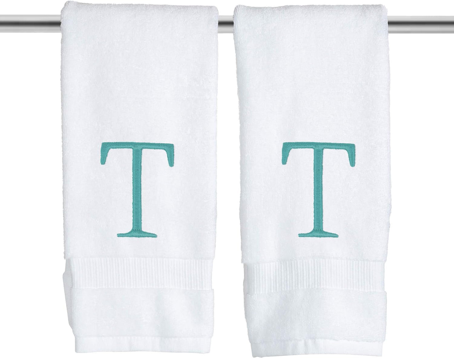 Teal and White Bathroom Hand Towel - Monogrammed Luxury Hotel Quality Decorative Embroidered Towel for Powder Room, Spa - GOTS Organic Certified - Pack of 2, Letter T