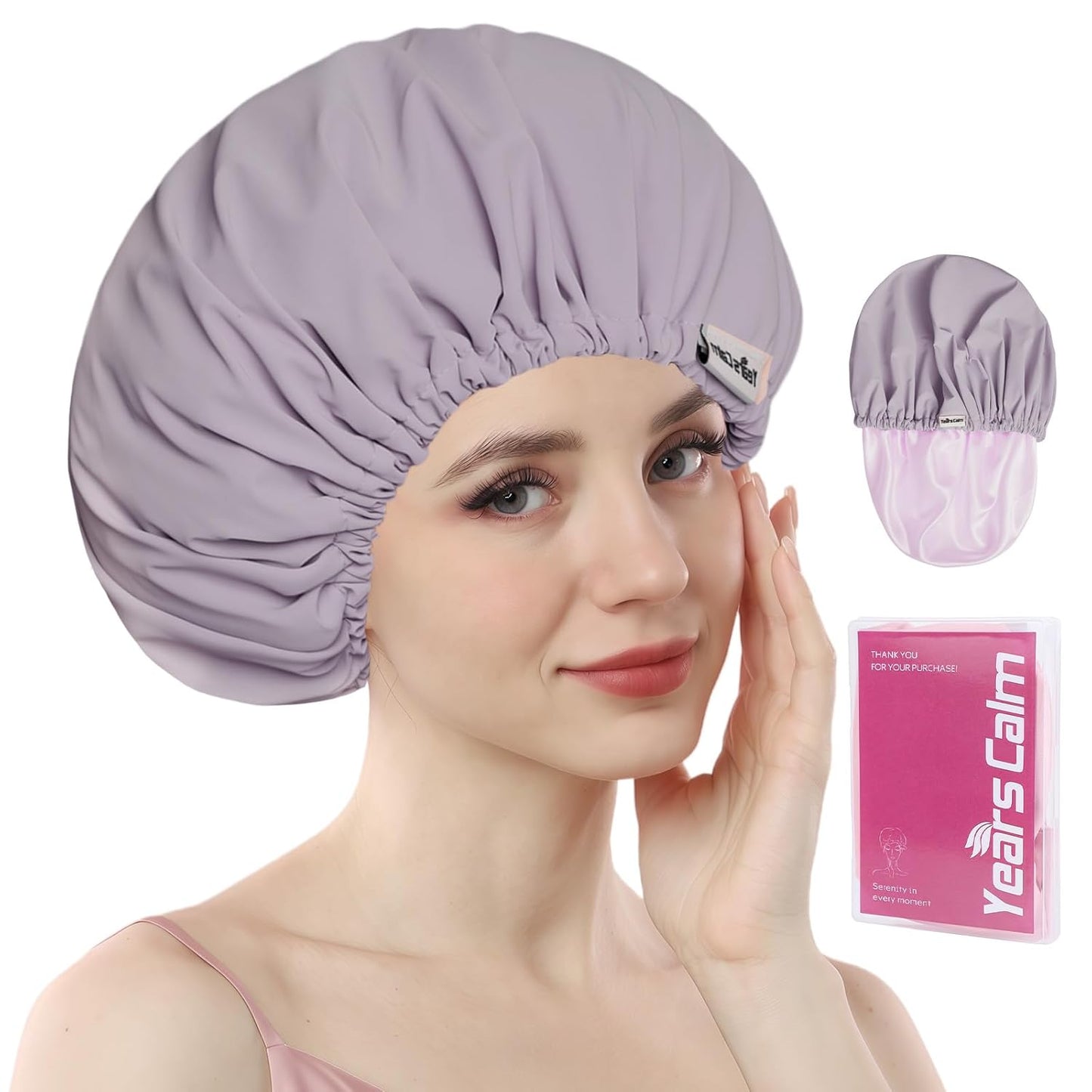 Years calm Shower Cap Reusable Waterproof, Double-Layer Hair Cap, with Elastic Band, Ideal for Shower, Spa, Travel & Cleaning (Light purple, One Size)