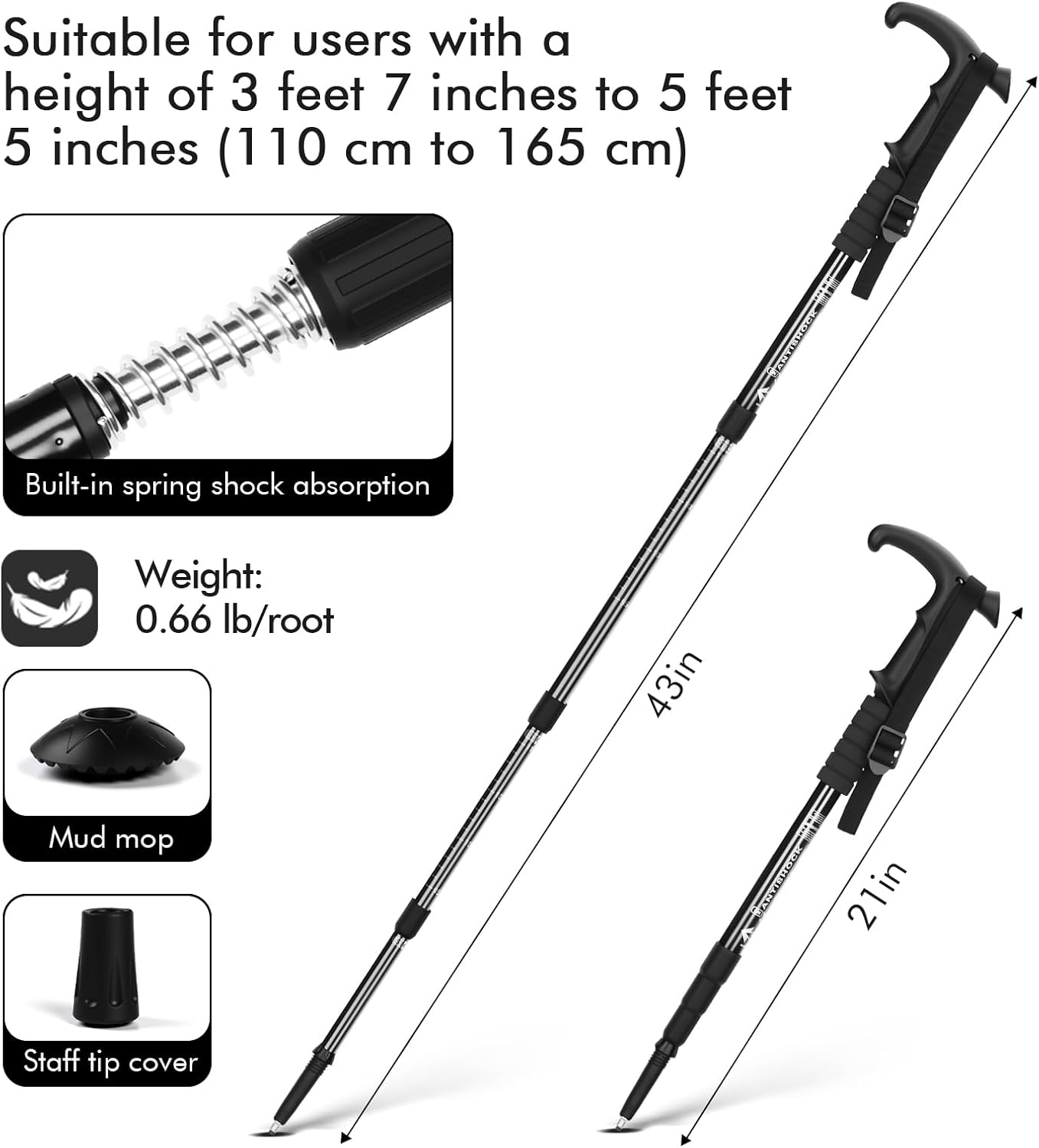 Telescopic Walking Cane 43 Inch with Anti-Shock & T-Grip Handle - 7075 Aluminum Quick Lock Trekking Pole, Ultralight for Hiking, Camping, Mountaineering