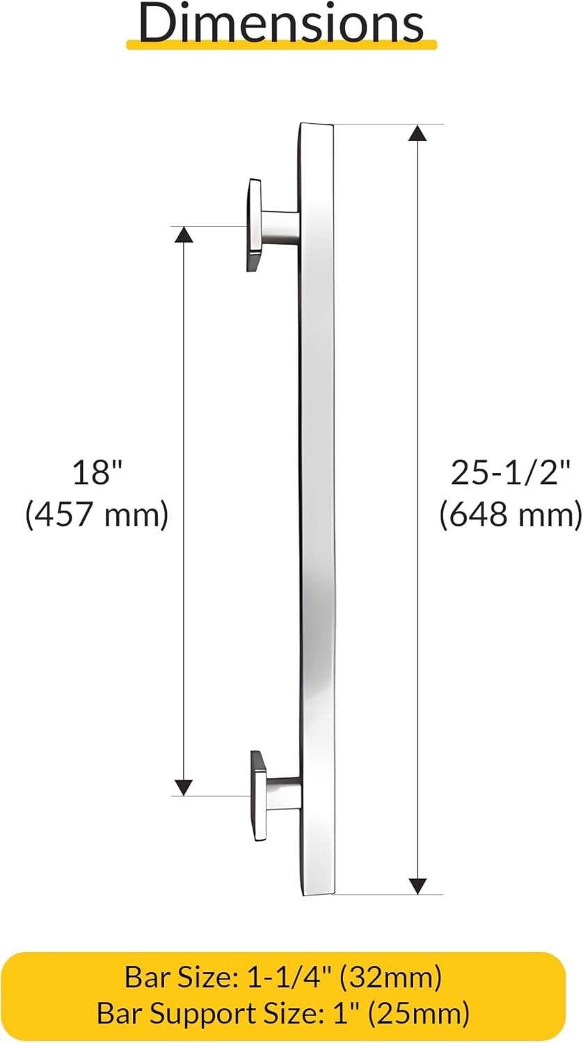 Brixwell Straight Square Grab Bar Stainless Steel Material, Polished Stainless Finish, 25-1/2" Length, 18" Hole Spacing, Tubular 1-1/4" Diameter, Included Cover Flanges and Mounting Hardware
