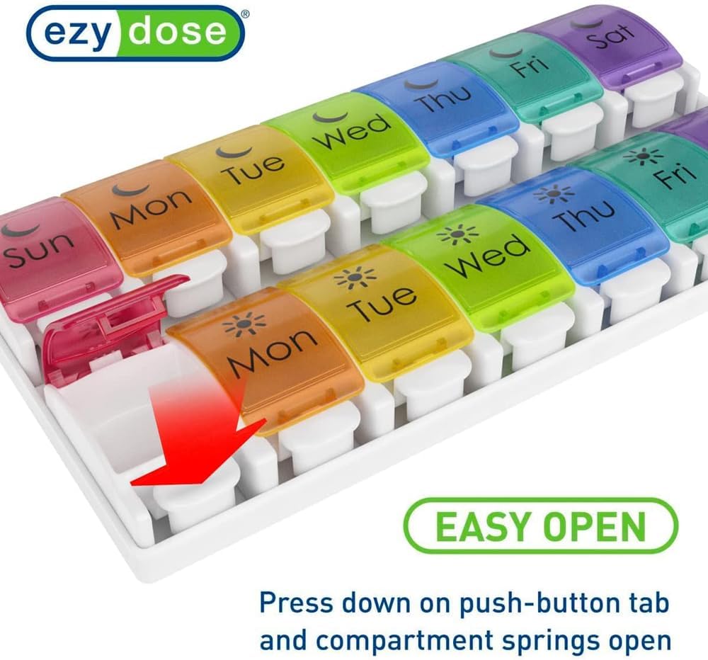 EZY DOSE Weekly (7-Day) Pill Case, Medicine Planner, Vitamin Organizer, 2 Times a Day AM/PM, Removeabale Trays, Large Push Button Compartments, Easy to Use, Arthritis Friendly, Rainbow Lids, BPA Free
