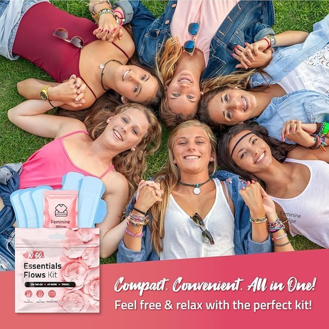 Essential Flows Kit – 3 Pantiliners, 2 Maxi Pads & 1 Feminine Wipe in Compact Zip Bag – Thin, Light, and Travel-Ready for Women & Girls – Single Pack (Pink)