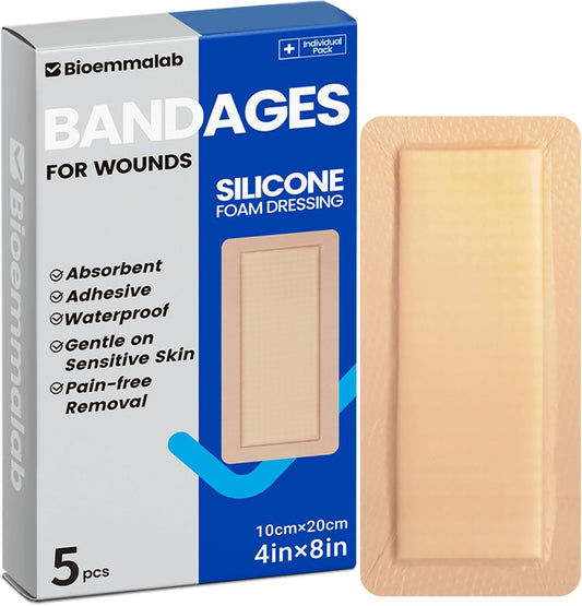 Large Waterproof Bandages 4x8 Silicone Foam Dressing for Sensitive Skin Wound Care, Adhesive Cohesive Pad with Border for First Aid, Post Surgical and Burn, Pressure, Scar Healing (5 PCS)
