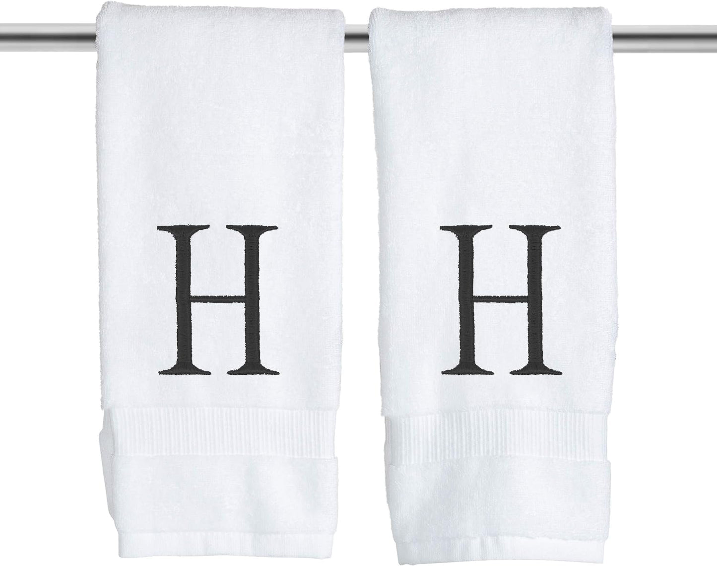 White and Black Monogrammed Hand Towel - Monogram Initial Hotel Quality Decorative Embroidered Luxury Towel for Powder Room, Spa - GOTS Organic Certified - Set of 2 Letter H